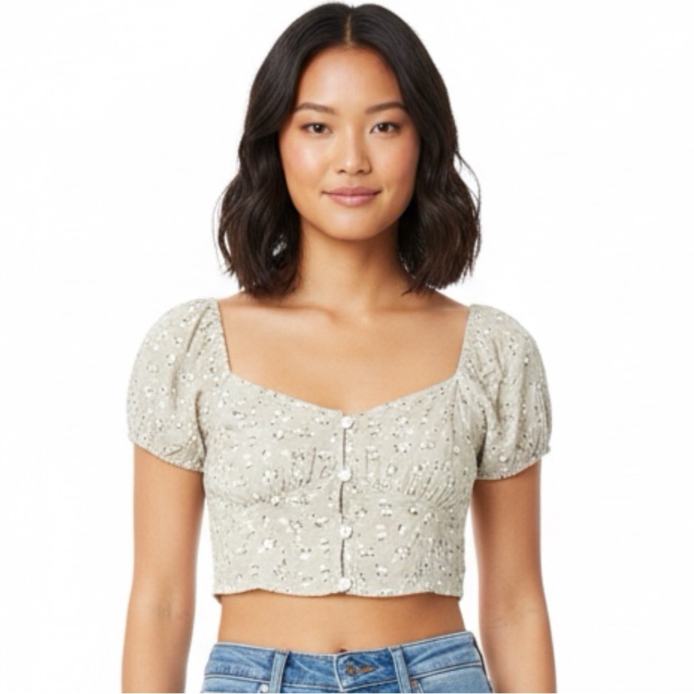Hollister Sage Floral Puff-Sleeve Crop Top